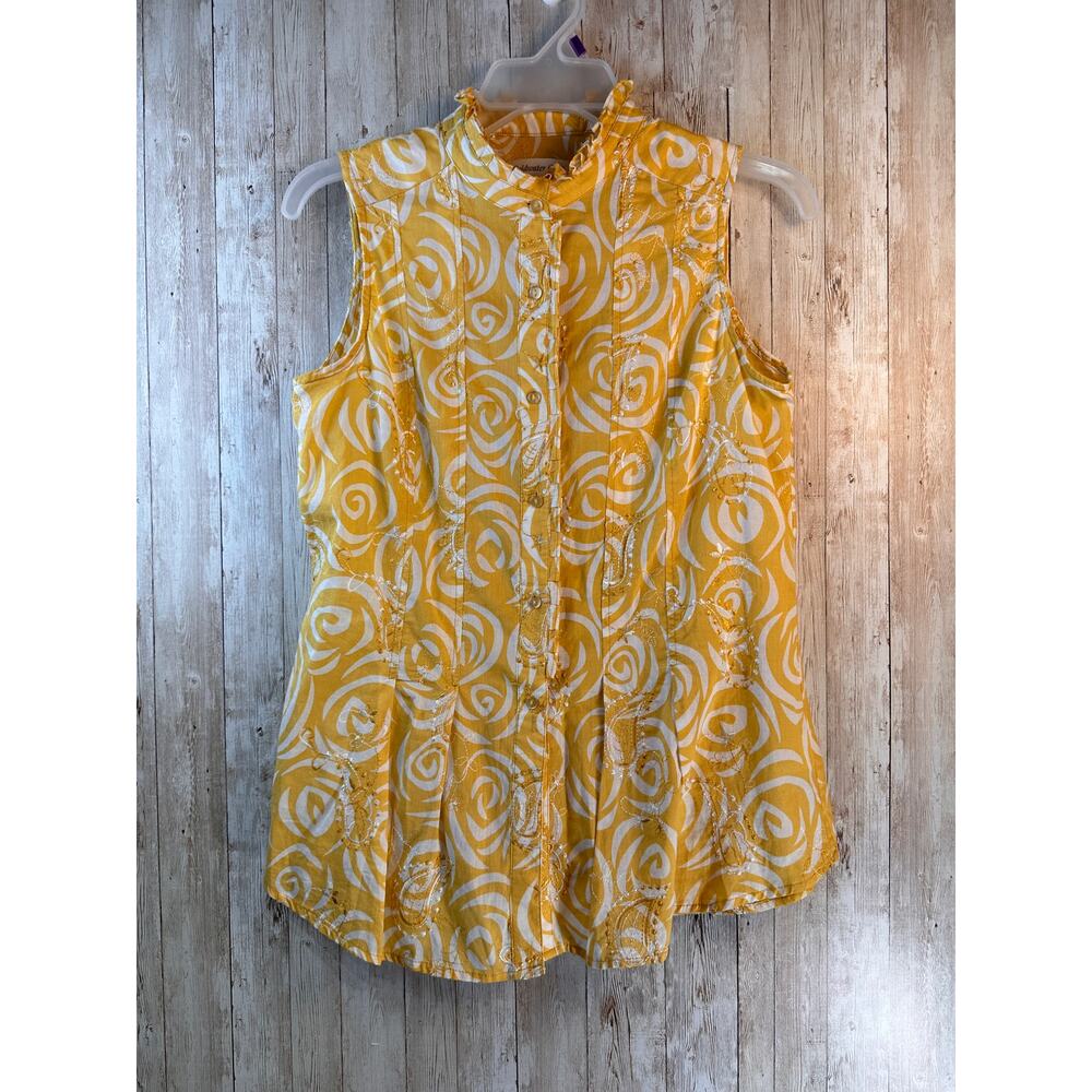 Coldwater‎ Creek Top Womens S Yellow Embroidered High Neck Ruffle Trim Pleated